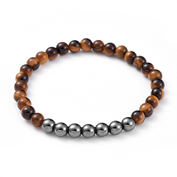 Tiger Eye Unisex Natural Tiger Eye Stretch Bracelets, with Non-Magnetic Synthetic Hematite Beads, Round, 2-1/4 inch(5.85cm)