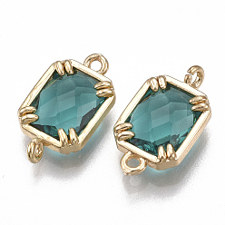 Teal Glass Links connectors, with Brass Findings, Faceted, Rectangle, Golden, Teal, 16x9x3.5mm, Hole: 1.2mm