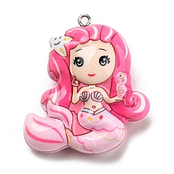 Pink Opaque Acrylic Big Pendants, Shake Make Light, with Platinum Tone Iron Loops, Mermaid Charms, Pink, 50.5x45x21mm, Hole: 2.5mm