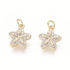 Golden Brass Charms, with Clear Cubic Zirconia and Jump Rings, Starfish/Sea Stars, Golden, 11.5x9.5x2mm, Hole: 2.5mm