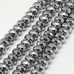 Silver Plated Electroplate Non-magnetic Synthetic Hematite Beads Strands, Faceted, Rondelle, Grade A, Silver Plated, 6x4mm, Hole: 1.2mm, about 100pcs/strand, 16 inch