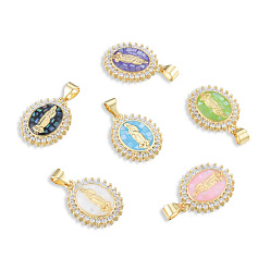 Mixed Color Brass Micro Pave Clear Cubic Zirconia Pendants, with Enamel and Shell, Real 18K Gold Plated, Nickel Free, Oval with Virgin Mary, Mixed Color, 19.5x14.5x4mm, Hole: 3x4mm