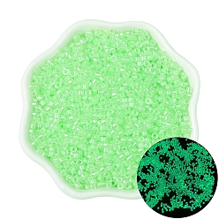 Vert Printemps Moyen Lueur lumineuse dans les perles de rocaille cylindriques sombres, peint à la bombe, vert printemps moyen, 2.5mm, Trou: 1mm, environ 700 pcs / sachet 