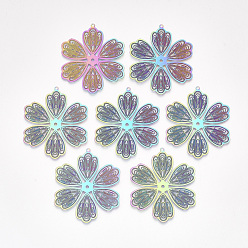 Rainbow Color Ion Plating(IP) 304 Stainless Steel Filigree Pendants, Etched Metal Embellishments, Flower, Rainbow Color, 47x39.5x0.2mm, Hole: 1.4mm