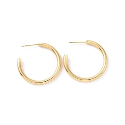Real 18K Gold Plated Brass Simple Ring Stud Earrings, Half Hoop Earrings for Women, Cadmium Free & Nickel Free & Lead Free, Real 18K Gold Plated, 29.5x29.5x3mm, Pin: 0.8mm