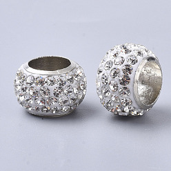 Crystal Polymer Clay Rhinestone Beads, with Platinum Tone Brass Single Cores, Large Hole Beads, Rondelle, Crystal, PP13(1.9~2mm),  4 Rows Rhinestone, 14x9mm, Hole: 8mm