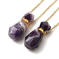 Amethyst Openable Faceted Natural Amethyst Perfume Bottle Pendant Necklaces for Women, 304 Stainless Steel Cable Chain Necklaces, Golden, 18.74 inch(47.6cm)