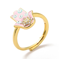 Pink Эмалированная рука хамса с регулируемым кольцом от сглаза с прозрачным кубическим цирконием, настоящие позолоченные латунные украшения для женщин, розовые, размер США 18 (7 мм)
