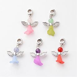 Mixed Color Tibetan Style Alloy European Dangle Charms, with Gemstone Beads and Acrylic Beads, Lovely Wedding Dress Angel Dangle, Mixed Color, 32x21x10mm, Hole: 4.5mm