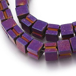 Purple Plated Electroplated Non-magnetic Synthetic Hematite Beads Strands, Frosted, Cube, Purple Plated, 8x7x8mm, Hole: 1.2mm, about 55pcs/strand, 15.94 inch(40.5cm)