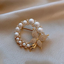 Papillon Broche en alliage de verre et strass, Badge femme vintage en plastique imitation perle pour la saint-valentin, papillon, 40mm