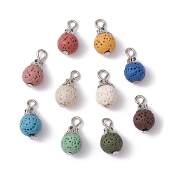Platinum Natural Lava Rock Dyed Pendants, Round Charms with Iron Loops, Mixed Color, Platinum, 16.5x8.5mm, Hole: 2.5mm