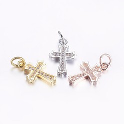 Mixed Color Long-Lasting Plated Brass Micro Pave Cubic Zirconia Pendants, Cross, Mixed Color, 15.5x10x2mm, Hole: 3mm