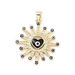 Black Rack Plating Brass Micro Pave Clear Cubic Zirconia Pendants, with Enamel, Cadmium Free & Lead Free, Sun with Evil Eye & Heart, Real 18K Gold Plated, Black, 29.5x26.5x3.7mm, Hole: 3.2x3.5mm