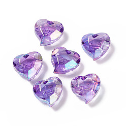 Violet Bleu Perles européennes acryliques transparentes, perle avec trou grande, coeur à facettes, bleu violet, 22x23x12.5mm, Trou: 4.5mm
