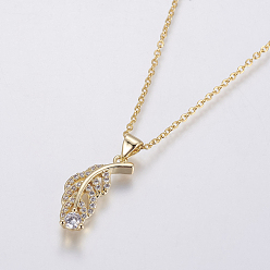 Golden 304 Stainless Steel Chain Necklaces, with Brass Micro Pave Cubic Zirconia Pendants, Leaf, Golden, 17.5 inch(44.5cm), Pendant: 22.3x19.7x4mm