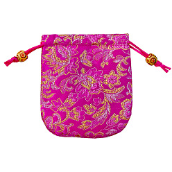 Medium Violet Red Chinese Style Flower Pattern Satin Jewelry Packing Pouches, Drawstring Gift Bags, Rectangle, Medium Violet Red, 10.5x10.5cm