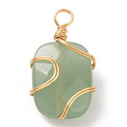 Green Aventurine Natural Green Aventurine Rectangle Pendants, with Golden Copper Wire Wrapped Findings,, Long-Lasting Plated, 22.5~23x12.5~13x7~8mm, Hole: 3~3.5mm