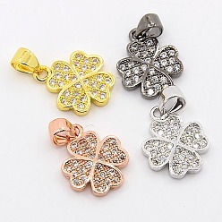 Mixed Color CZ Lucky Jewelry Brass Micro Pave Cubic Zirconia Four Leaf Clover Charms Pendants, Grade AAA, Lead Free & Cadmium Free & Nickel Free, Mixed Color, 15x12x2mm, Hole: 4x3mm