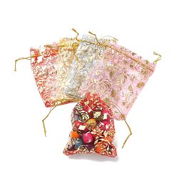 Mixed Color Gold Stamping Rose Flower Rectangle Organza Gift Bags, Jewelry Packing Drawable Pouches, Mixed Color, 12x10cm