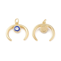 Real 18K Gold Plated Eco-Friendly Brass Enamel Pendants, with Jump Ring, Lead Free & Cadmium Free, Double Horn/Crescent Moon with Evil Eye Charm, Real 18K Gold Plated, 17.5x18.5x1.5mm, Hole: 3.5mm