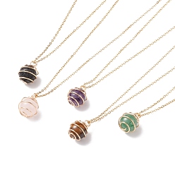 Light Gold Natural Gemstone Cage Pendant Necklace with 304 Stainless Steel Cable Chains for Women, Light Gold, 17.52 inch(44.5cm)