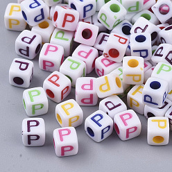 Letter P Perles acryliques opaques blanches, trou horizontal, cube avec lettre de couleur mixte, letter.p, 5x5x5mm, Trou: 2mm, environ5000 pcs / 500 g