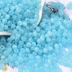 Azul Cielo 6/0 cuentas de semillas de vidrio de jade imitación, lustre, teñido, rondo, luz azul cielo, 4x3 mm, agujero: 1.2 mm, sobre 7500 unidades / libra