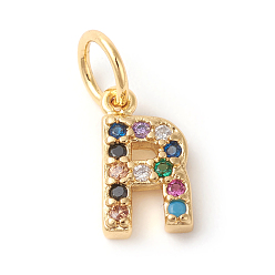 Letter R Brass Micro Pave Colorful Cubic Zirconia Charms, Golden, Letter.R, 9x5x2mm, Hole: 3mm
