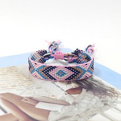 Rose Nacré Bracelet cordon polyester tressé motif losange, bracelet brésilien réglable ethnique tribal pour femme, perle rose, 5-7/8 pouce (15 cm)