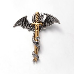 Argent Antique & Antique D'or 304 pendentifs en strass en acier inoxydable, épée avec le dragon, argent antique & or antique, 45x42x8mm, Trou: 8x3mm
