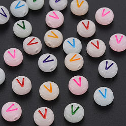 Letter V Acrylic Beads, Glow in the Dark, with Enamel and Luminous, Horizontal Hole, Flat Round with Alphabet, Letter.V, 6.5x7x4mm, Hole: 1.6mm, about 3600pcs/500g