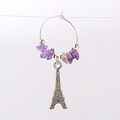 Amethyst Natural Gemstone Wine Glass Charms, with Tibetan Style Alloy Eiffel Tower Pendant, Iron Beads and Brass Hoop Earrings, Platinum, Amethyst, 58mm, pin: 0.7mm