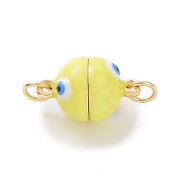 Yellow Brass Magnetic Clasps, with Enamel, Round with Evil Eye, Real 18K Gold Plated, Yellow, 16x10mm, Hole: 3mm