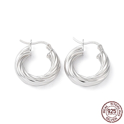 Real Platinum Plated Rhodium Plated 925 Sterling Silver Hoop Earrings, Twist Wire, with S925 Stamp, Real Platinum Plated, 25x5x21mm
