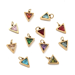 Mixed Color Vacuum Plating 304 Stainless Steel Pendants, with Cubic Zirconia and Jump Rings, Single Stone Charms, Triangle, Golden, Mixed Color, 11x9.5x3mm, Hole: 3.6mm