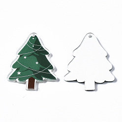 Vert Mer Pendentifs acryliques imprimés transparents, sur le thème de Noël, arbres de Noël, vert de mer, 34.5x27.5x2.5mm, Trou: 1.6mm