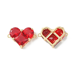 Red Brass Pave Cubic Zirconia Connector Charms, Heart Links, Real 18K Gold Plated, Red, 18.5x26x7.5mm, Hole: 1.6mm