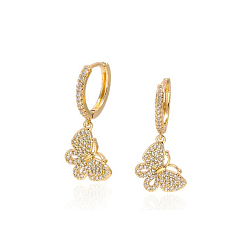 Real 18K Gold Plated SHEGRACE Brass Micro Pave Grade AAA Cubic Zirconia Huggie Hoop Earrings, Butterfly, Clear, Real 18K Gold Plated, 33x12mm