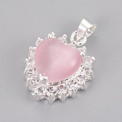 Rose Nacré Pendentifs oeil de chat, avec strass et les accessoires en laiton, cœur, argenterie, perle rose, 19x15x8mm, Trou: 4mm