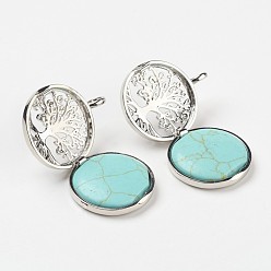 Synthetic Turquoise Synthetic Turquoise Pendants, with Brass Diffuser Locket Findings, Flat Round with Tree, 31x26x8mm, Hole: 4mm