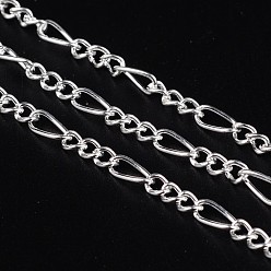 Silver Iron Handmade Chains Figaro Chains Mother-Son Chains, Unwelded, Silver Color Plated, with Spool, Mother Link: 3.5x7mm, 1mm thick, Son Link: 3x4mm, 0.83mm thick, about 328.08 Feet(100m)/roll