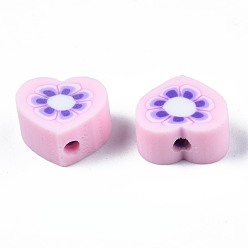 Pink Бусины из полимерной глины , сердце с цветочным узором, розовые, 9x9~10x4~5 мм, отверстие : 1.5 мм