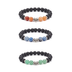 Mixed Stone 3Pcs 3 Style Natural Mixed Gemstone Round Beaded Stretch Bracelets Set with Alloy Tube for Women, Inner Diameter: 2 inch(5cm), 1Pc/style