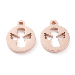 Rose Gold Ion Plating(IP) 304 Stainless Steel Charms, Laser Cut, Flat Round with Angel, Rose Gold, 13x11x1.5mm, Hole: 1.4mm