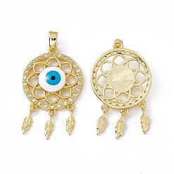 Real 18K Gold Plated Woven Net/Web with Feather Brass Micro Pave Cubic Zirconia Pendants, Enamel Evi Eye Charm, Real 18K Gold Plated, 32.5mm, Hole: 3x5.5mm