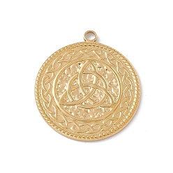 Real 18K Gold Plated Ion Plating(IP) 304 Stainless Steel Pendants, Flat Round with Trinity Knot, Real 18K Gold Plated, 34x30x2mm, Hole: 3mm