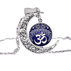 Indigo Moon with Sun Glass Pendant Necklace, Om Aum Ohm Yoga Theme Alloy Jewelry for Women, Indigo, 17.72 inch(45cm)
