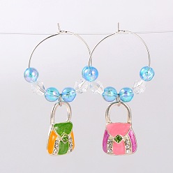 Sky Blue Alloy Enamel Mixed Color Handbag Wine Glass Charms, with Rhinestone, Transparent Acrylic Beads and Brass Hoop Earrings, Platinum, Sky Blue, 47mm, Pin: 0.7mm