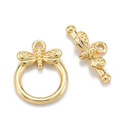 Real 18K Gold Plated Brass Toggle Clasps, Long-Lasting Plated, Ring with Dragonfly, Real 18K Gold Plated, Ring: 16x12x2mm, Hole: 1.2mm, Bar: 7x17x3.5mm, Hole: 1.2mm